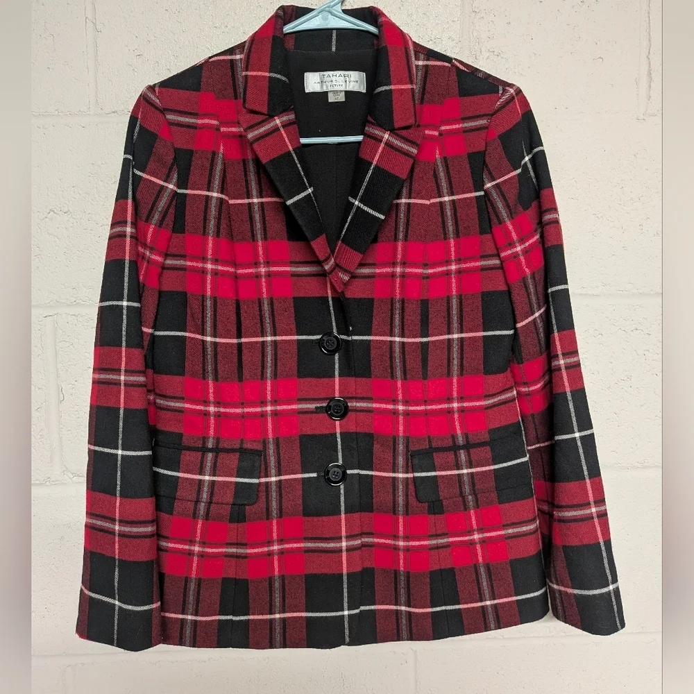 Holiday Party Blazer, Red Plaid Blazer, Tahari Arthur Levine, 6 Petite - Picture 2 of 7